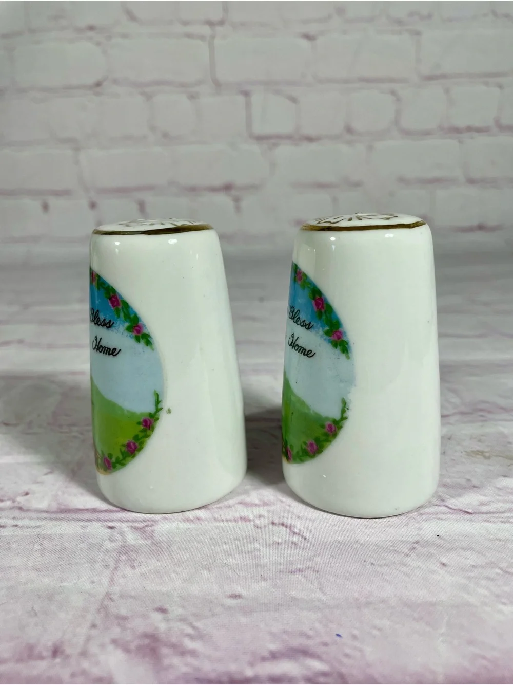 Vintage God Bless Our Home Gold Gilt Porcelain Salt and Pepper Shaker Pair